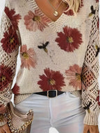 Women's Cardigan Floral Print with Lattice Sleeves and V-Neck - 8