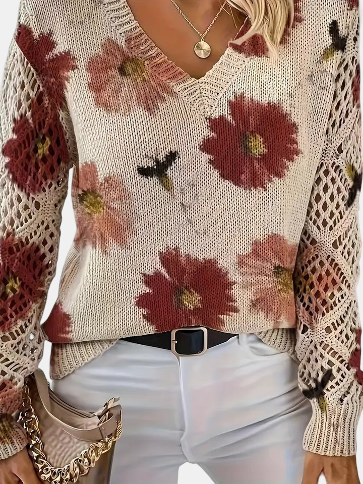 Women's Jumper V-Neck Floral Print with Crochet Sleeves - 8