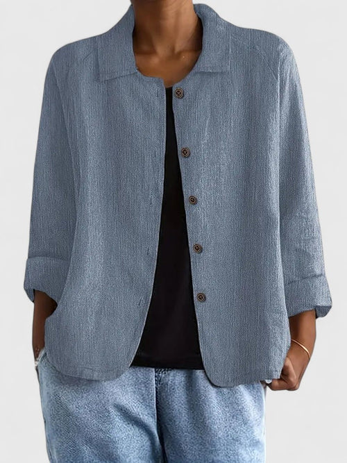 Women's Button-Up Top with Collar and Long Sleeves - Blue Grey