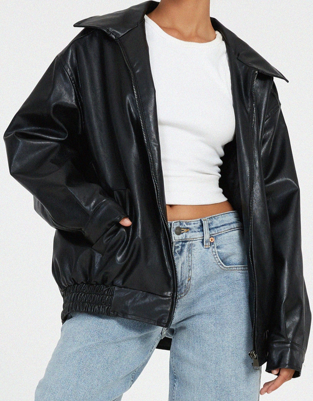 Women's Oversized Bomber Jacket in Faux Leather with Zip Front - 7
