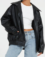 Women's Oversized Bomber Jacket in Faux Leather with Zip Front - 7