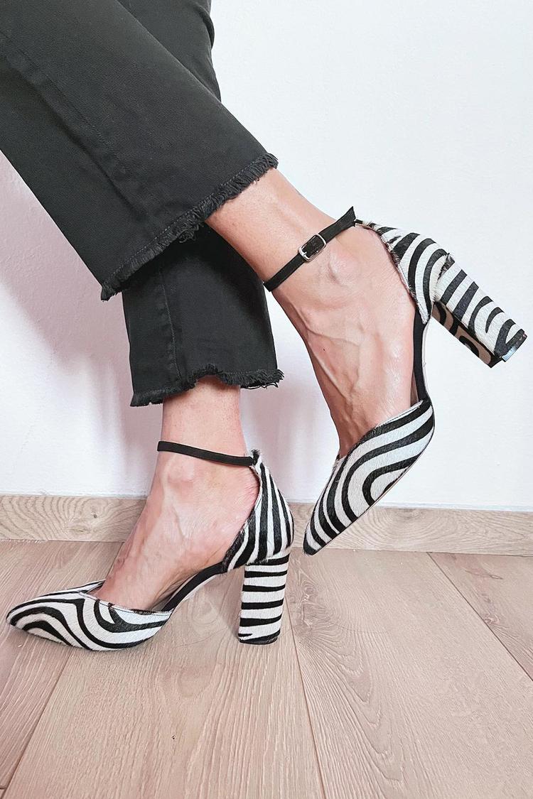 Women's Zebra Print Heels with Ankle Strap and Block Heel - Zebra