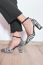 Women's Zebra Print Heels with Ankle Strap and Block Heel - Zebra