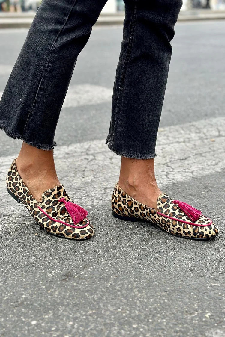 Women's Loafers with Leopard Print and Tassel Detail - 2