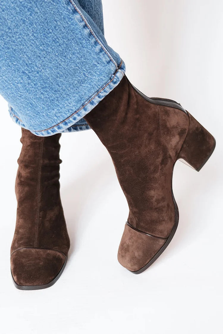 Women's Ankle Boots with Square Toe and Block Heel - Dark Brown