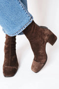 Women's Ankle Boots with Square Toe and Block Heel - Dark Brown