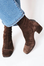 Women's Ankle Boots with Square Toe and Block Heel - Dark Brown