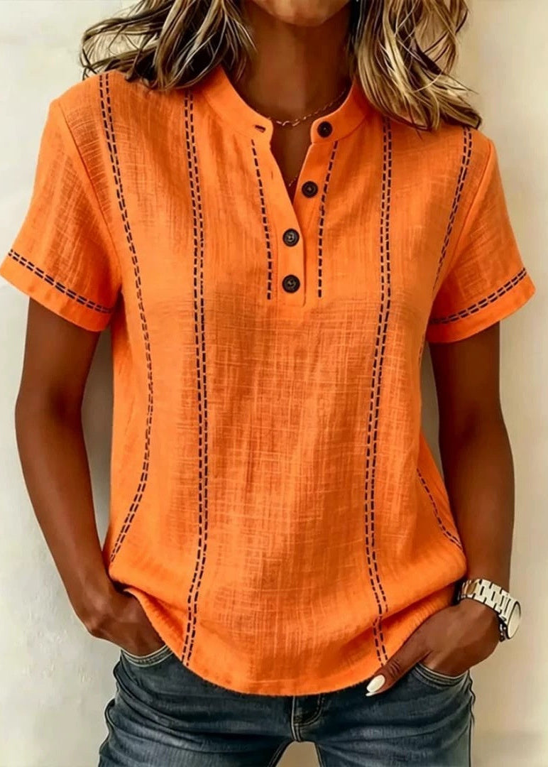 Women's Short Sleeve Blouse with Mandarin Collar and V-Neck Button Front - Orange