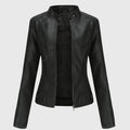 Women's Faux Leather Jacket with Stand Collar and Zip Front - Black
