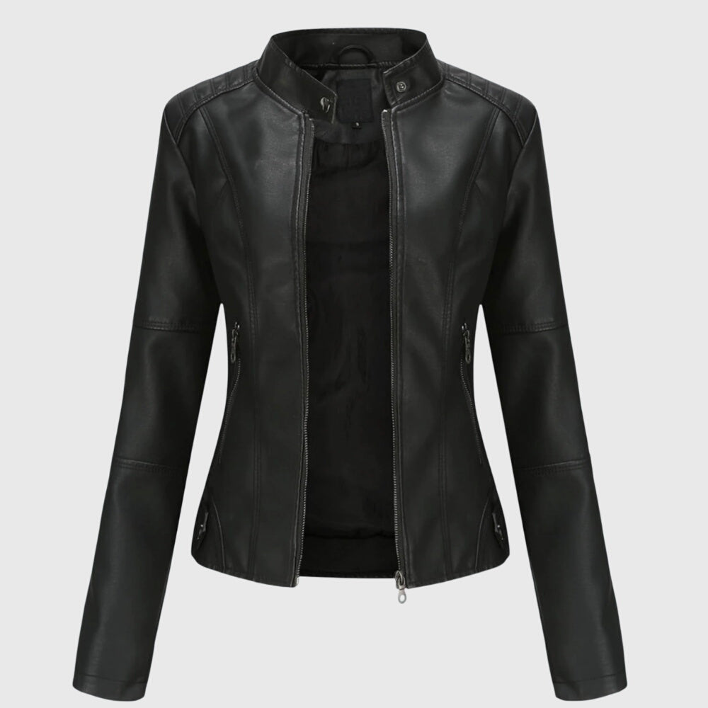 Women's Faux Leather Jacket with Stand Collar and Zip Front - Black