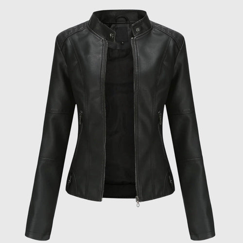 Women's Faux Leather Jacket with Stand Collar and Zip Front - Black