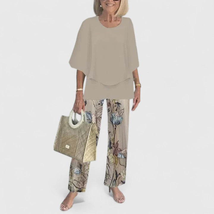 Women's Two-Piece Set Cape-Sleeve Top with Printed Wide-Leg Trousers - 4
