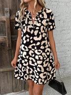 Women's Leopard Print Dress with Notch Neck and Short Sleeves - 9