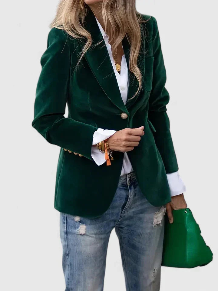 Women's Tailored Blazer with Single-Button Fastening and Notched Lapel - Green