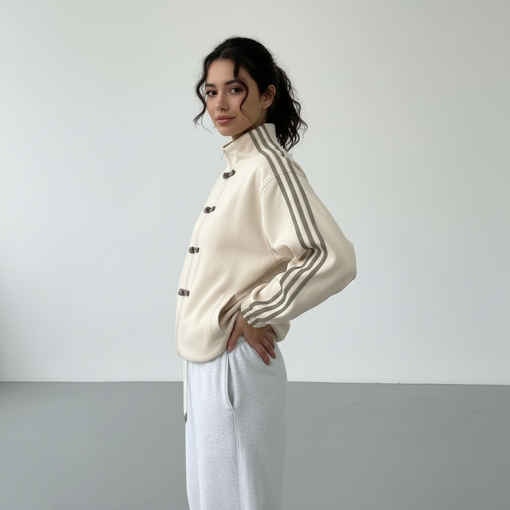 Women's Track Jacket with Button Loops and Contrast Stripes - 7