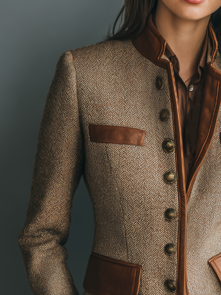 Women's Vintage-Style Jacket with Faux-Leather Trim Pockets and Boxy Silhouette - 3