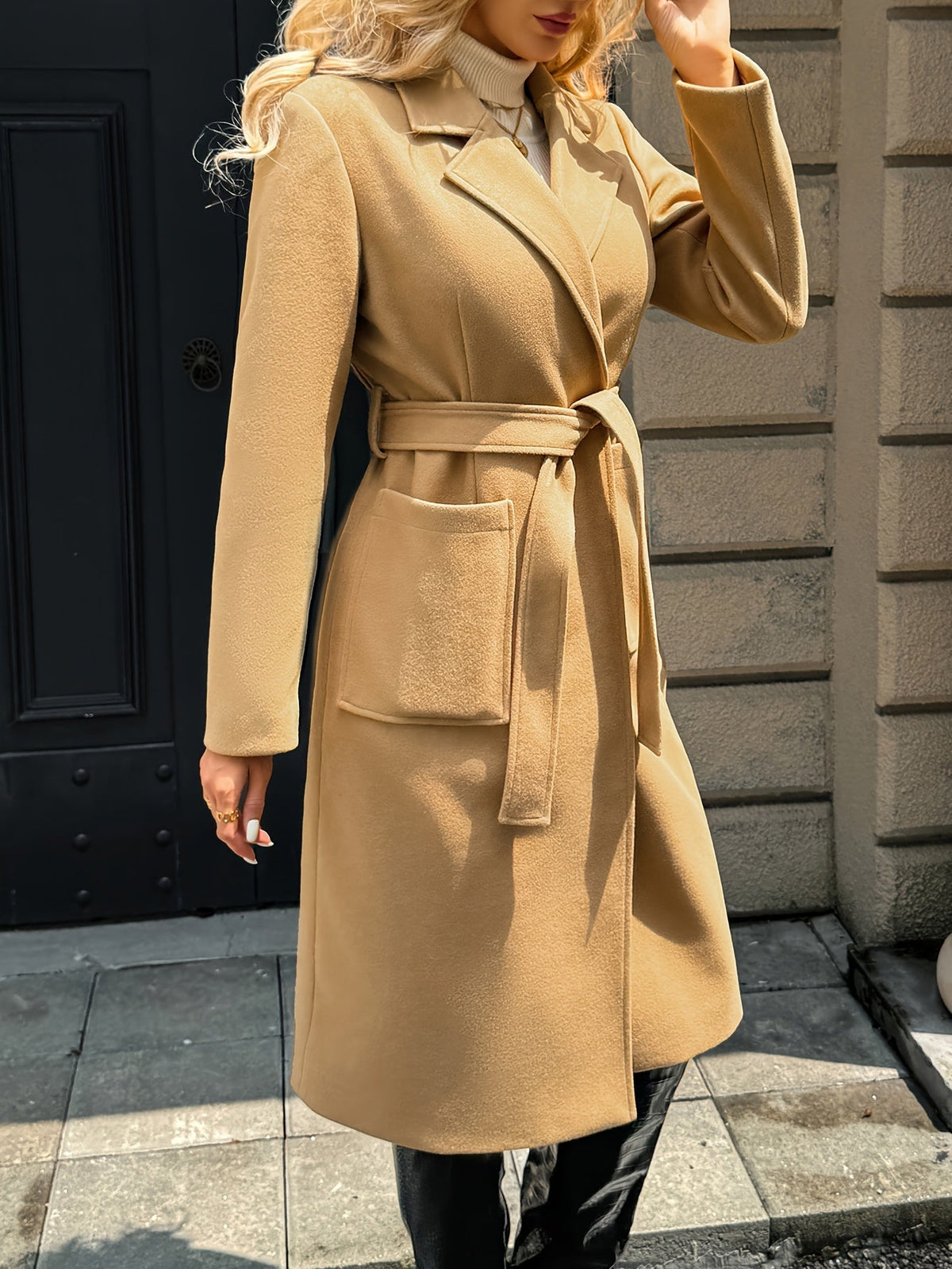 Women's Belted Long Coat Notch Lapel Front Pockets - 7