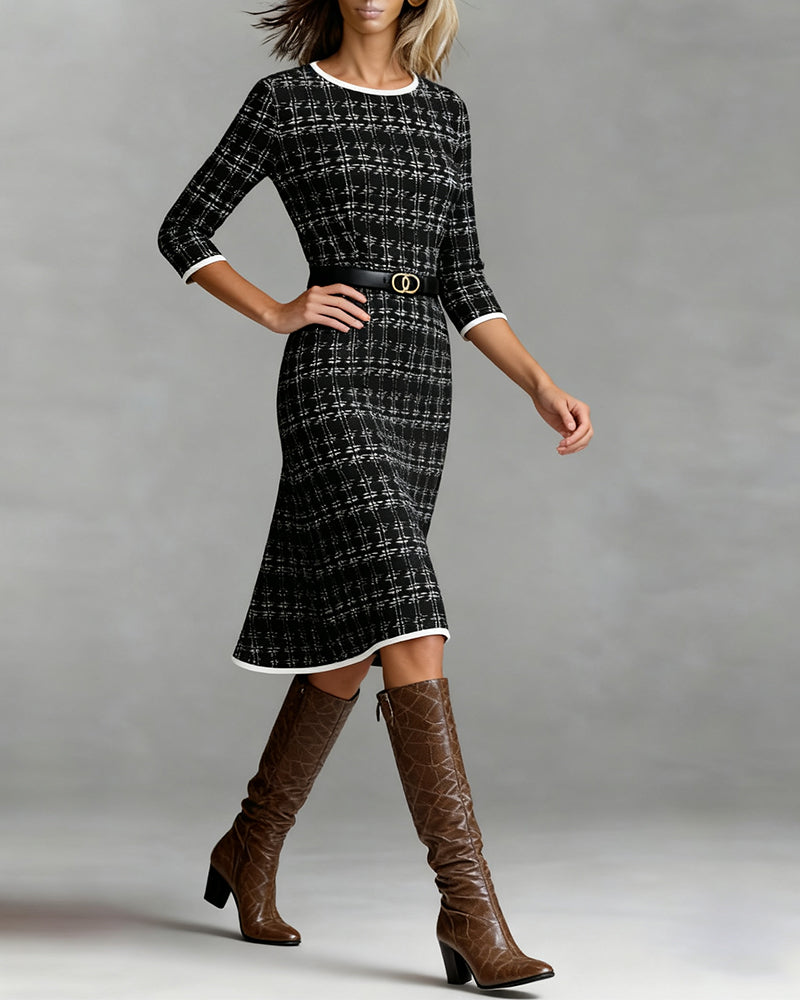 Women's A-Line Dress Round Neck Three-Quarter Sleeve Knee Length - 3