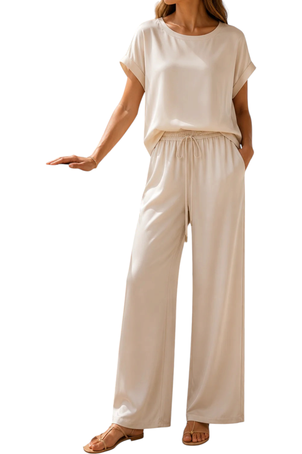 Women's Two Piece Wide-Leg Trouser Set with Relaxed Top and Drawstring Waist