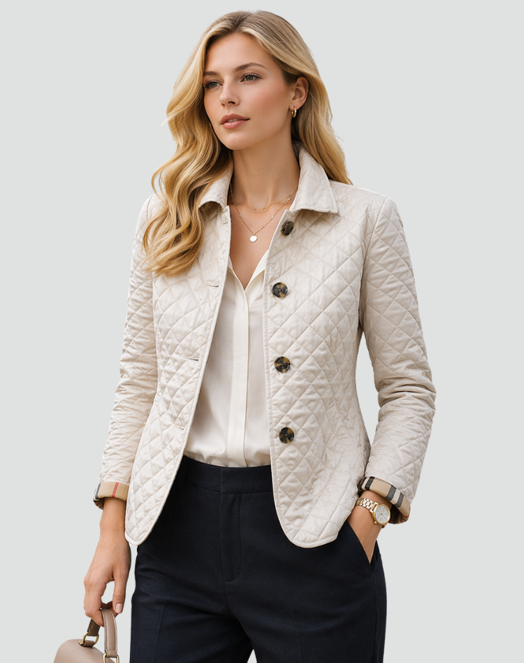 Women's Quilted Jacket with Collar and Button Closure - White