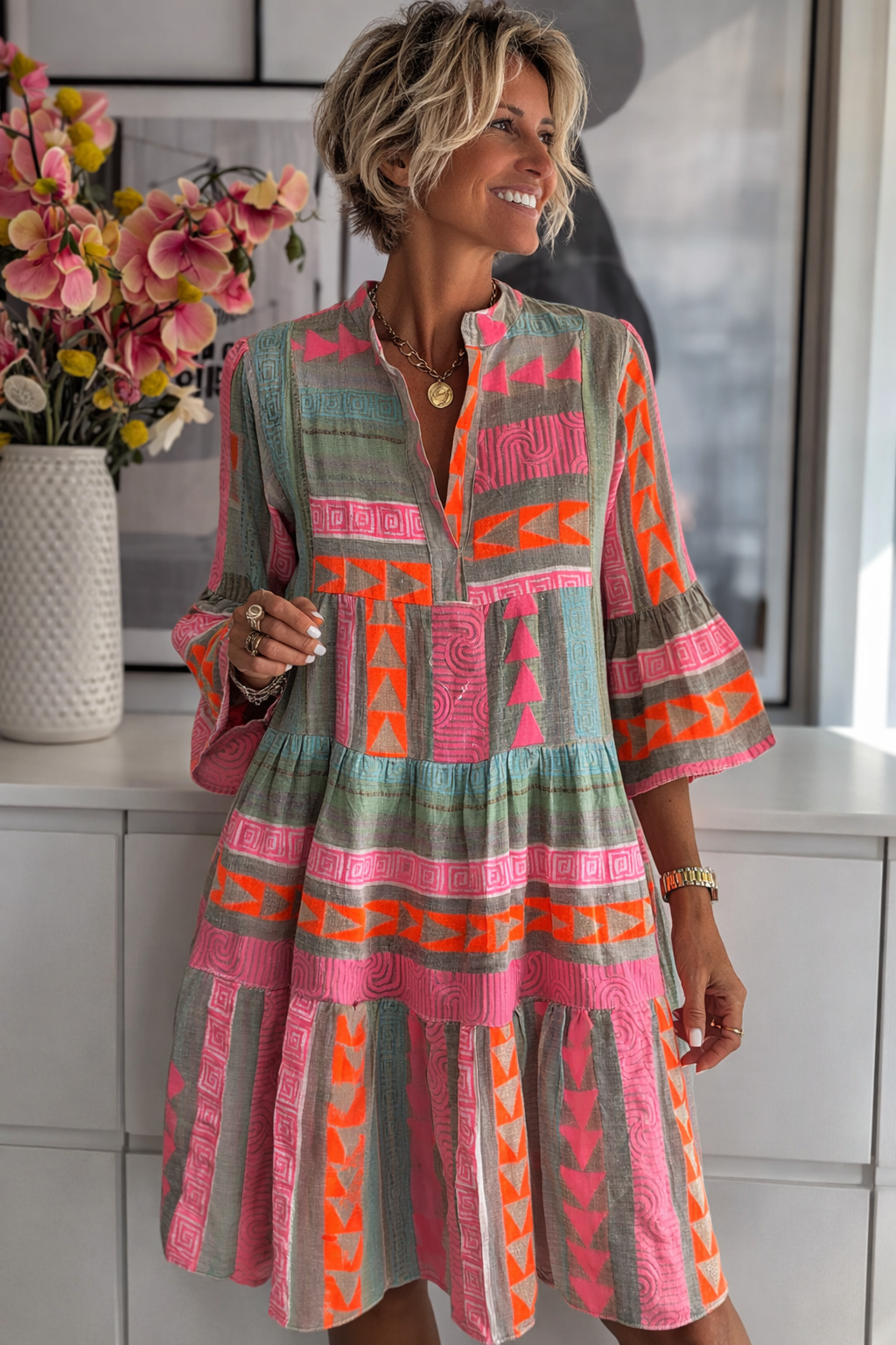 Women's Boho Dress with Tiered Silhouette and Bell Sleeves - 2