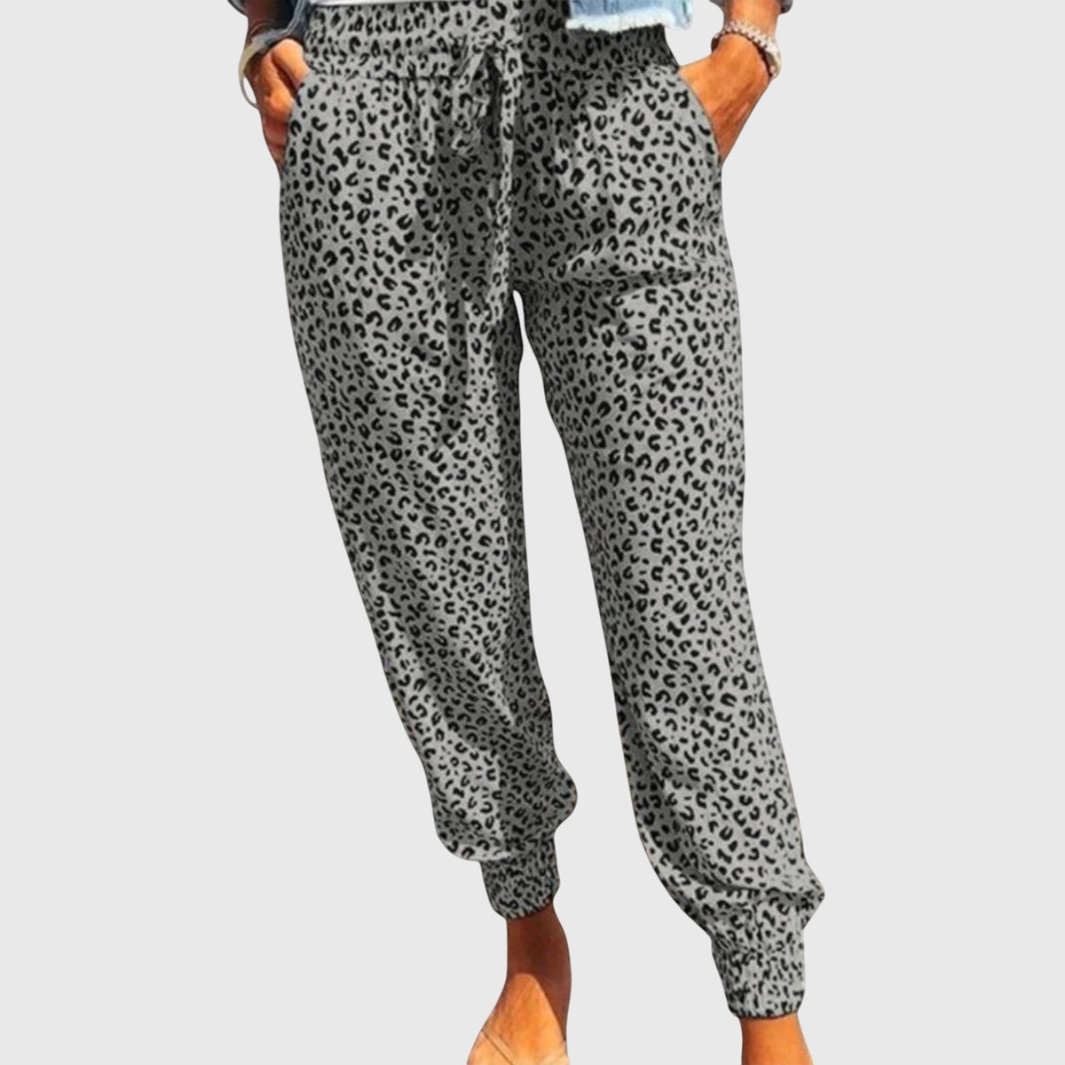 Women's Wide Leg Trousers with Animal Print and Elasticated Waist - Grey