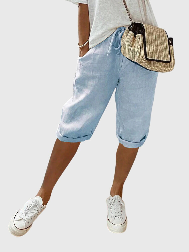 Women's Cropped Trousers with Drawstring Waist and Side Pockets - Blue