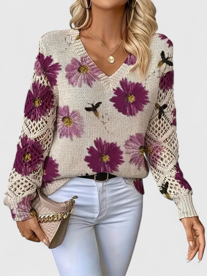 Women's Cardigan Floral Print with Lattice Sleeves and V-Neck - Purple