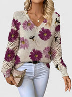 Women's Cardigan Floral Print with Lattice Sleeves and V-Neck - Purple