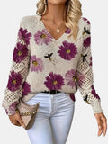 Women's Jumper V-Neck Floral Print with Crochet Sleeves - Purple