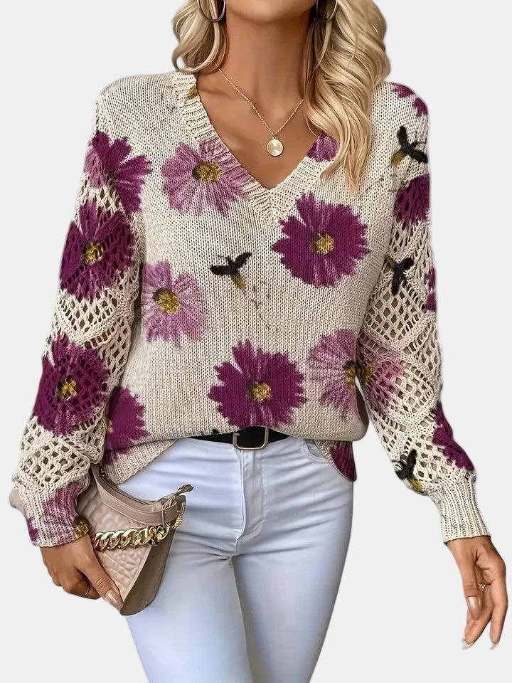 Women's Jumper V-Neck Floral Print with Crochet Sleeves - Purple