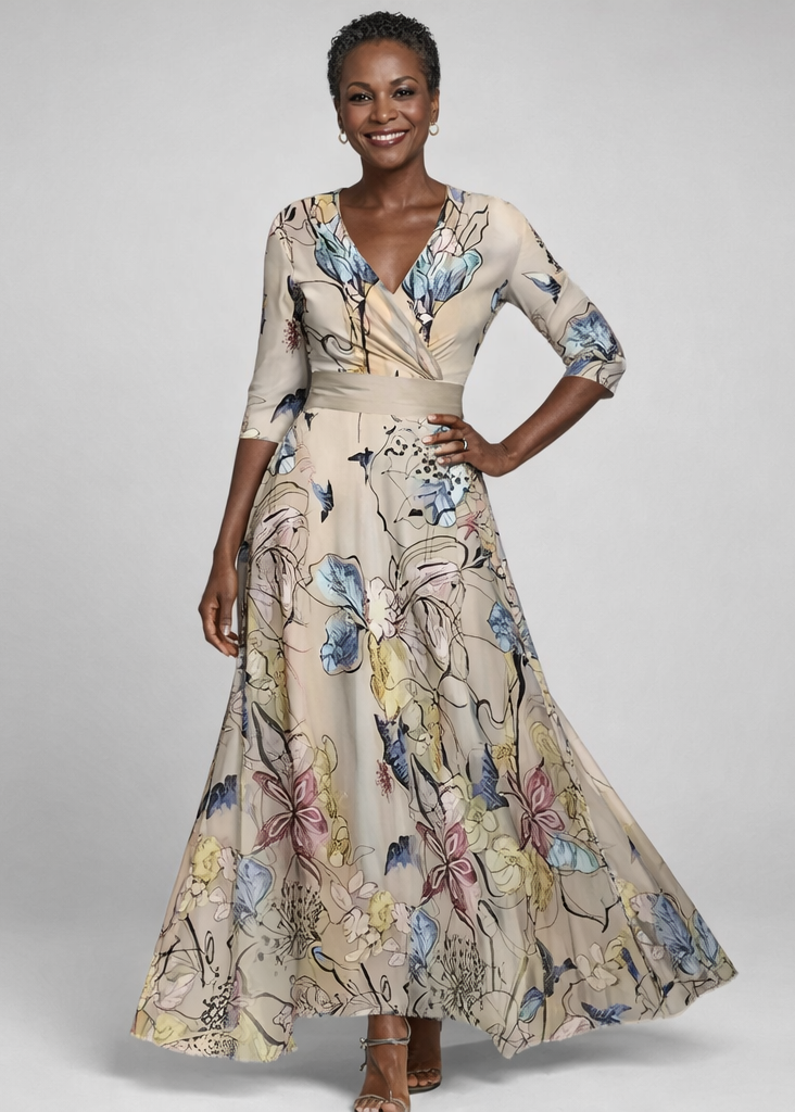 Women's Floral Maxi Dress with V-Neck and Three-Quarter Sleeves - Beige