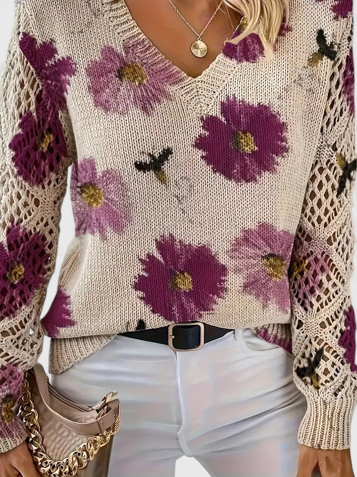 Women's Cardigan Floral Print with Lattice Sleeves and V-Neck - 2