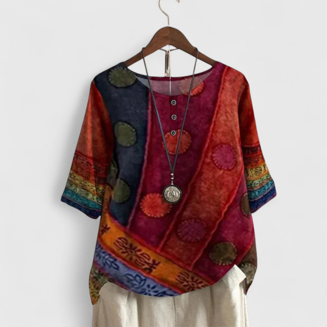 Women's Boho Top Round Neck with Patchwork Print and Button Detail - Red
