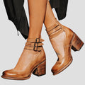 Women's Ankle Boots with Double Buckle Straps and Block Heel - Brown