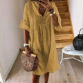 Women's Boho Dress with V-Neck and Lace Trim Detail - Yellow