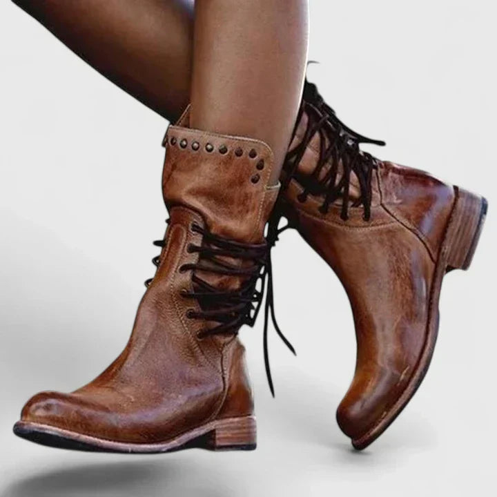 Women's Lace-Up Boots with Studded Trim and Block Heel - 4