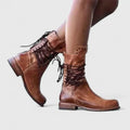 Women's Lace-Up Boots with Studded Trim and Block Heel - Brown