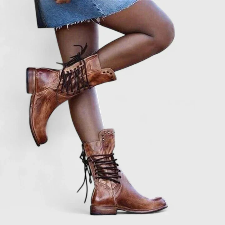 Women's Lace-Up Boots with Studded Trim and Block Heel - 2