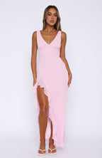 Women's Maxi Dress Sleeveless with V-Neck and Ruffled Front Slit - 2