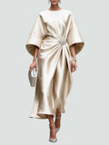 Women's Evening Dress with Batwing Sleeves and Gathered Waist Detail - Khaki