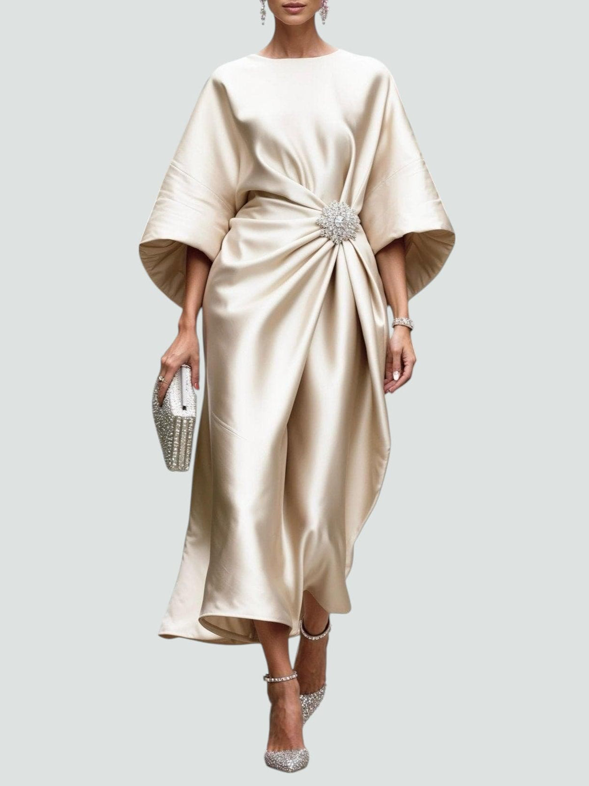 Women's Evening Dress with Batwing Sleeves and Gathered Waist Detail - Khaki