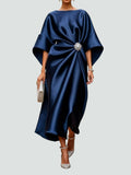 Women's Evening Dress with Batwing Sleeves and Gathered Waist Detail - Navy Blue