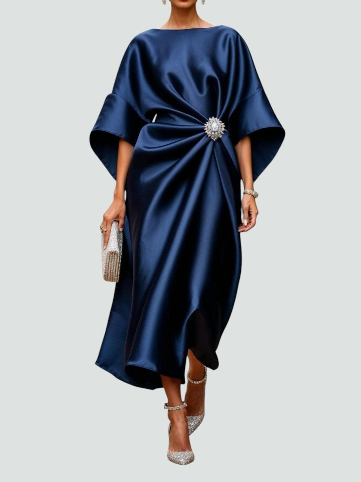 Women's Evening Dress with Batwing Sleeves and Gathered Waist Detail - Navy Blue