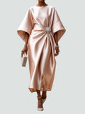 Women's Evening Dress with Batwing Sleeves and Gathered Waist Detail - Beige