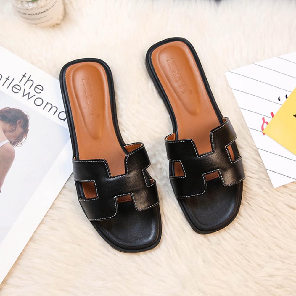 Women's Slip-On Sandals with H-Strap Cutout and Low Heel - Black