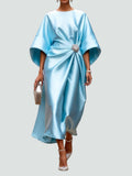 Women's Evening Dress with Batwing Sleeves and Gathered Waist Detail - Light Blue