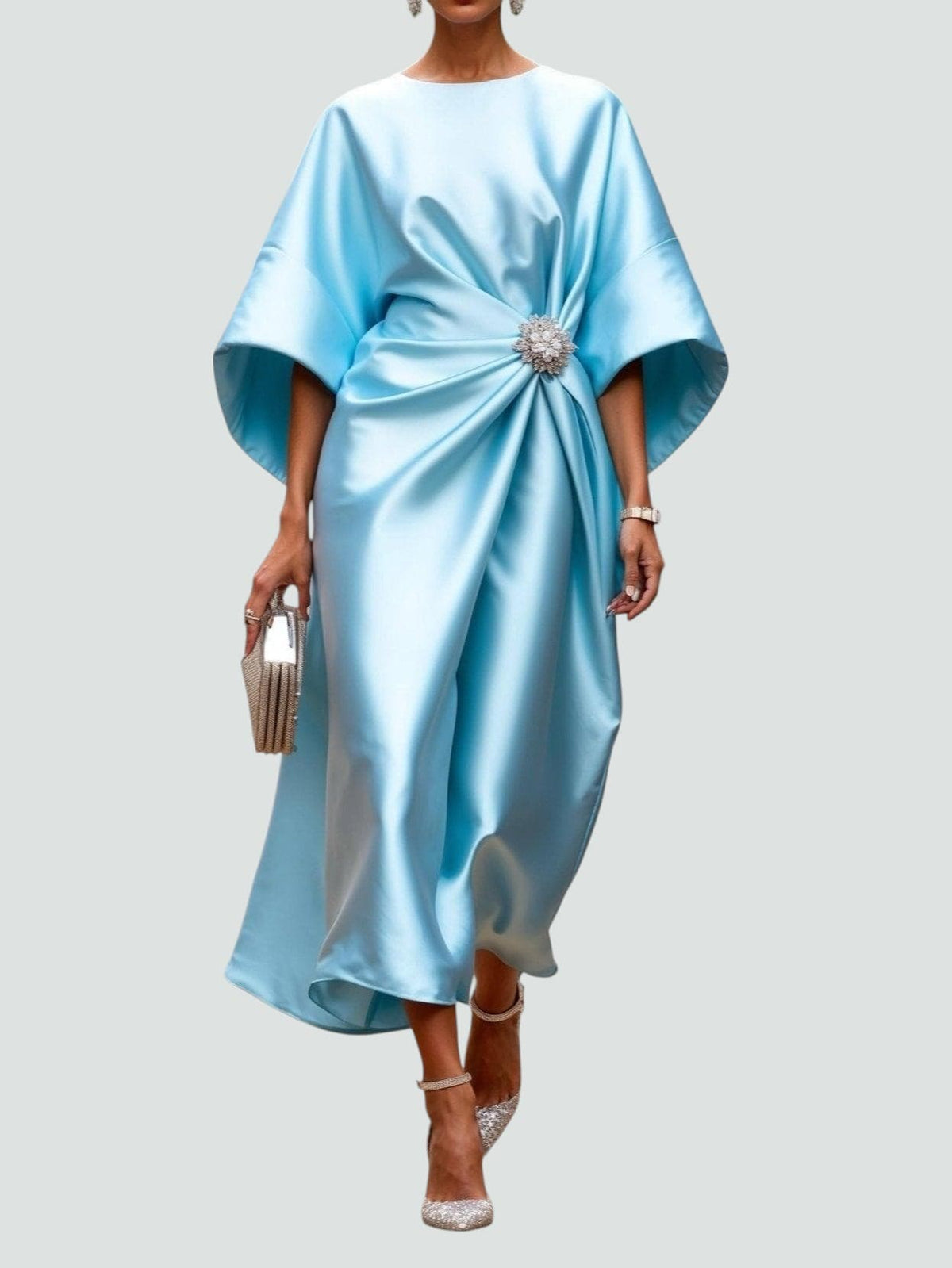 Women's Evening Dress with Batwing Sleeves and Gathered Waist Detail - Light Blue