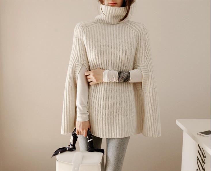 Women's Cape Turtleneck Jumper with Split Sleeves - White