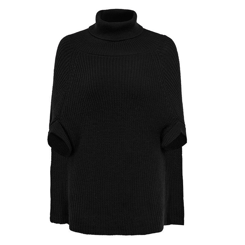 Women's Cape Turtleneck Jumper with Split Sleeves - Black